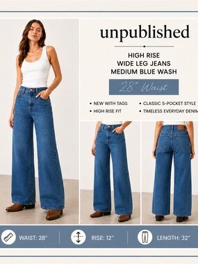 Unpublished High Rise Wide Leg Blue Jeans 28” Waist NWT